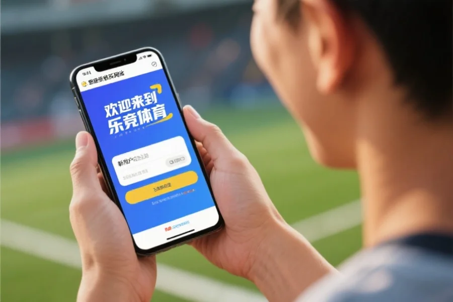 新用户成功注册后，开心地在手机上登录体育娱乐网站，界面显示“欢迎来到乐竞体育”